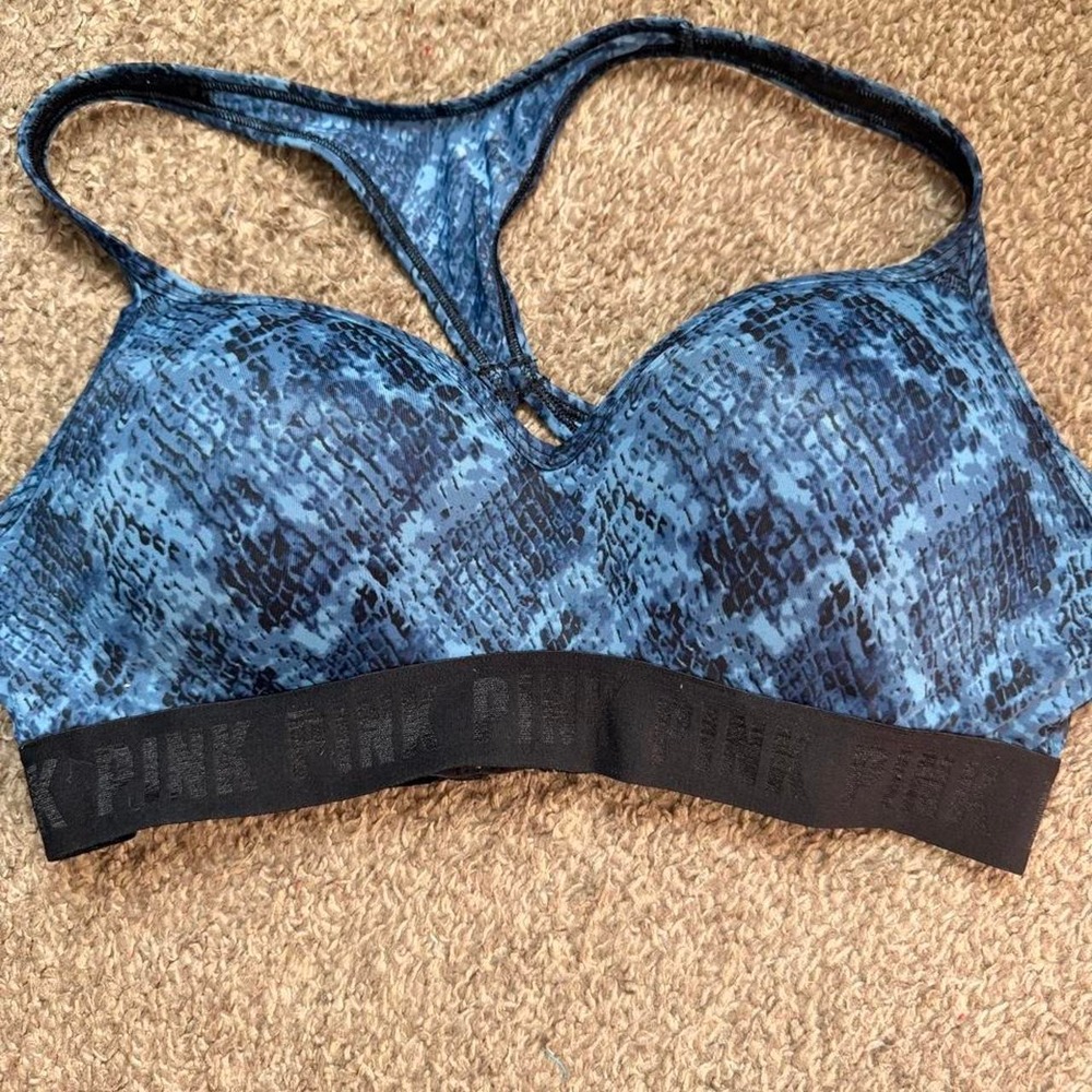 Victorias Secret PINK Ultimate Sports Bra Blue Snakeskin Racerback Large L